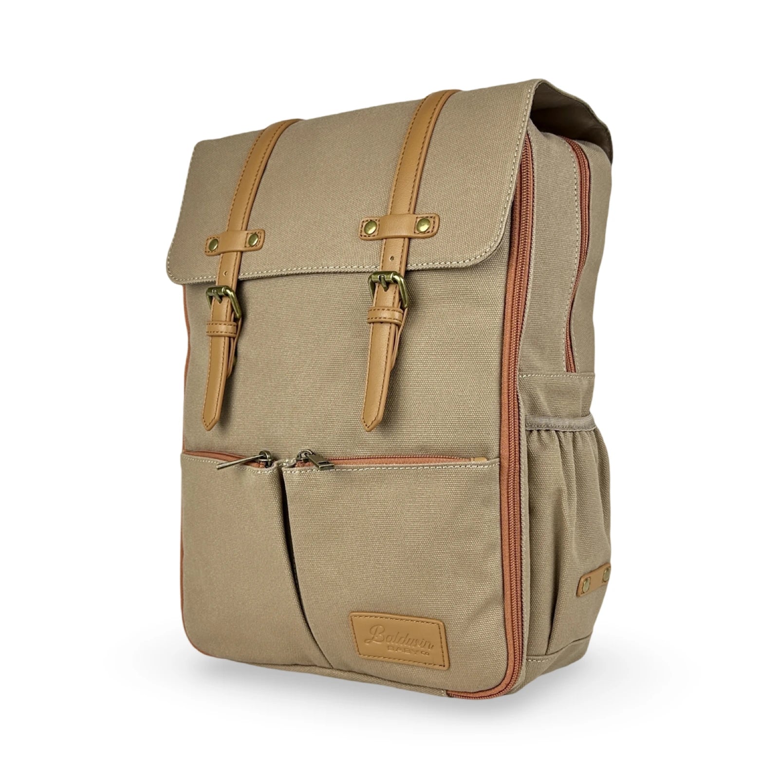 angled front view of canvas diaper bag backpack