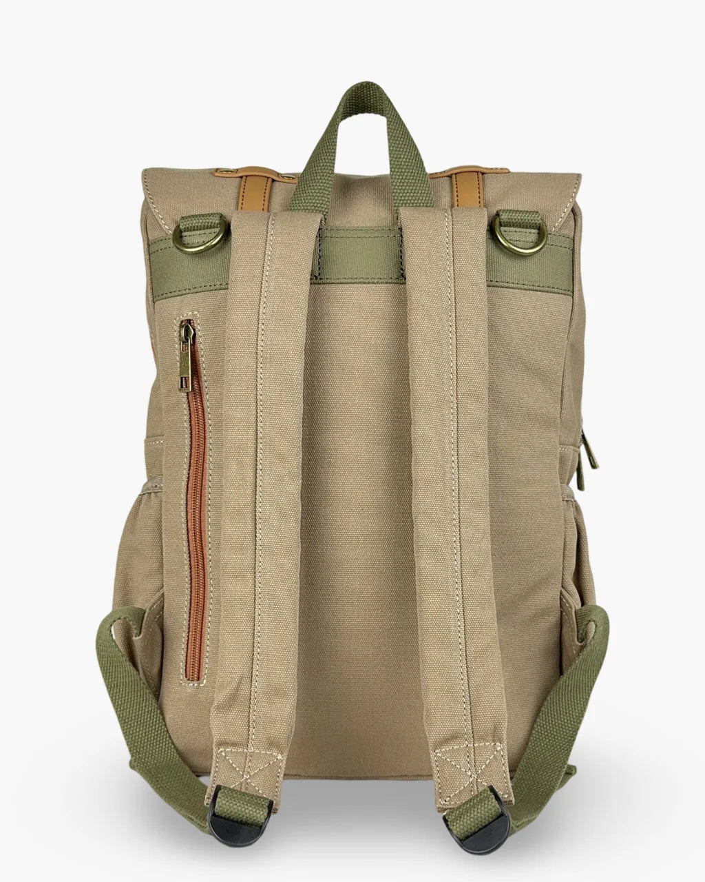 Rear view of the beige canvas diaper backpack featuring padded adjustable straps, a grab handle, and a zippered pocket for extra storage.