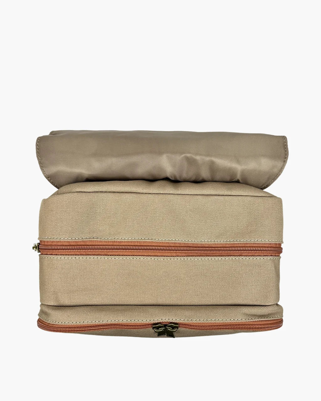 Close-up of the top view of the beige canvas diaper backpack, showcasing its double zipper closure and clean, minimalist design.