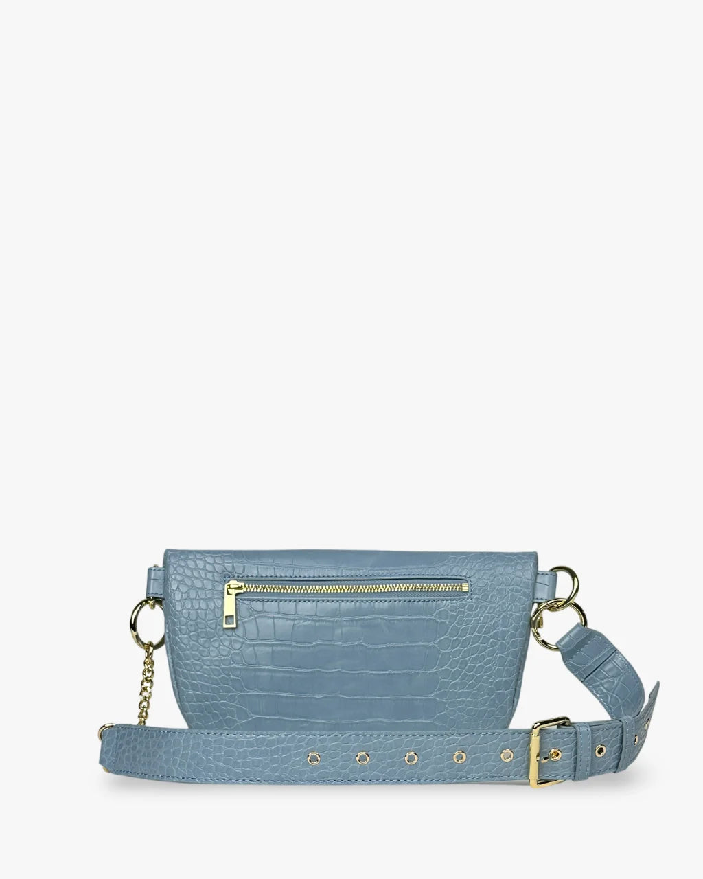 Back view of a blue faux crocodile crossbody belt bag with a gold zippered pocket and an adjustable strap featuring gold eyelets and chain details