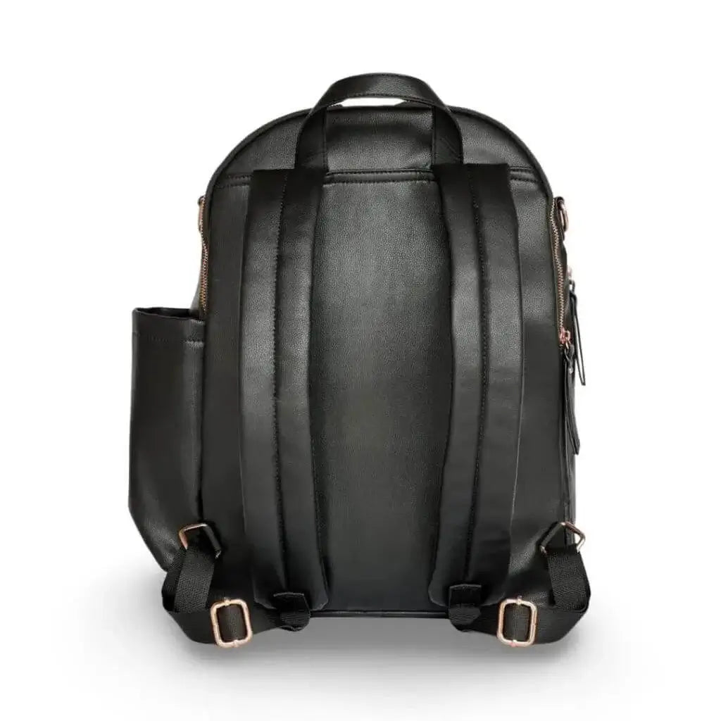 Back of black leather backpack diaper bag with relaxed straps with rose gold hardware