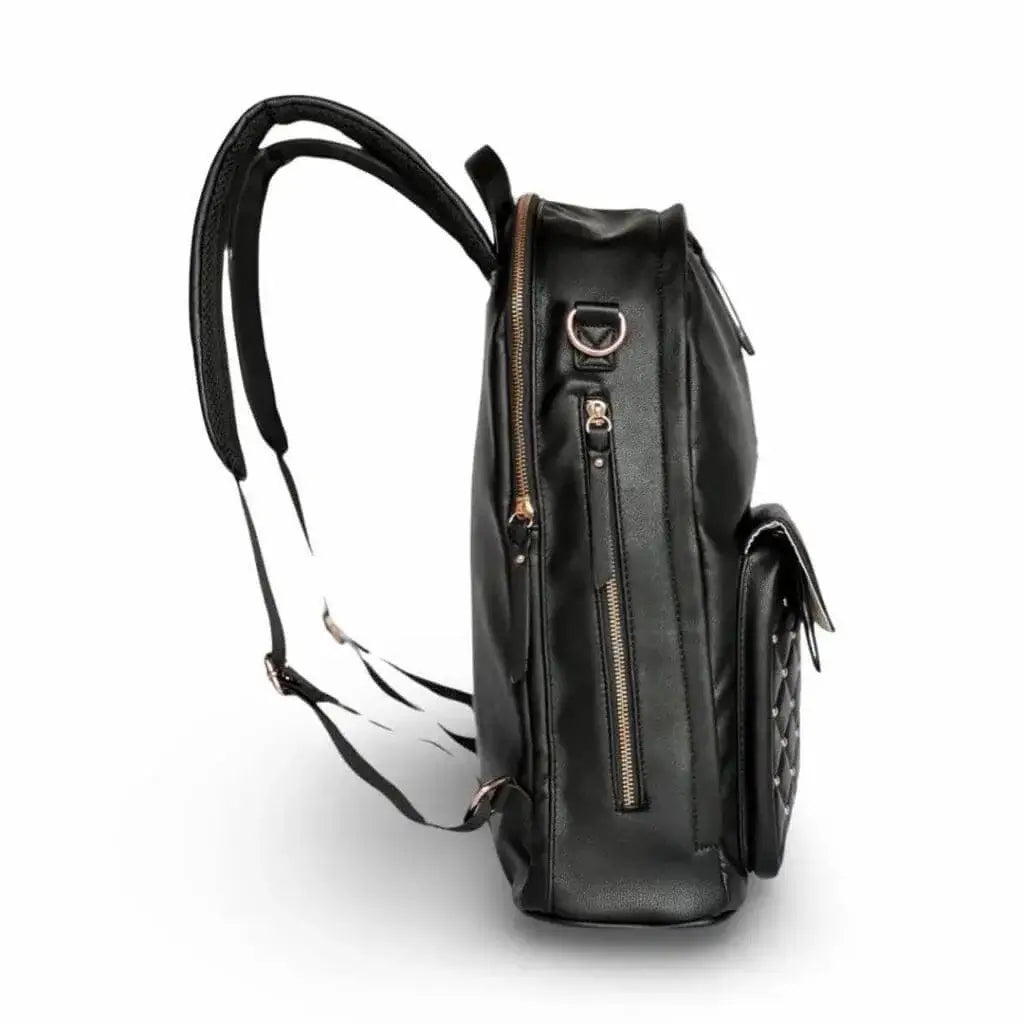 Left side black leather backpack diaper bag with raised straps with rose gold hardware displaying zipper pocket