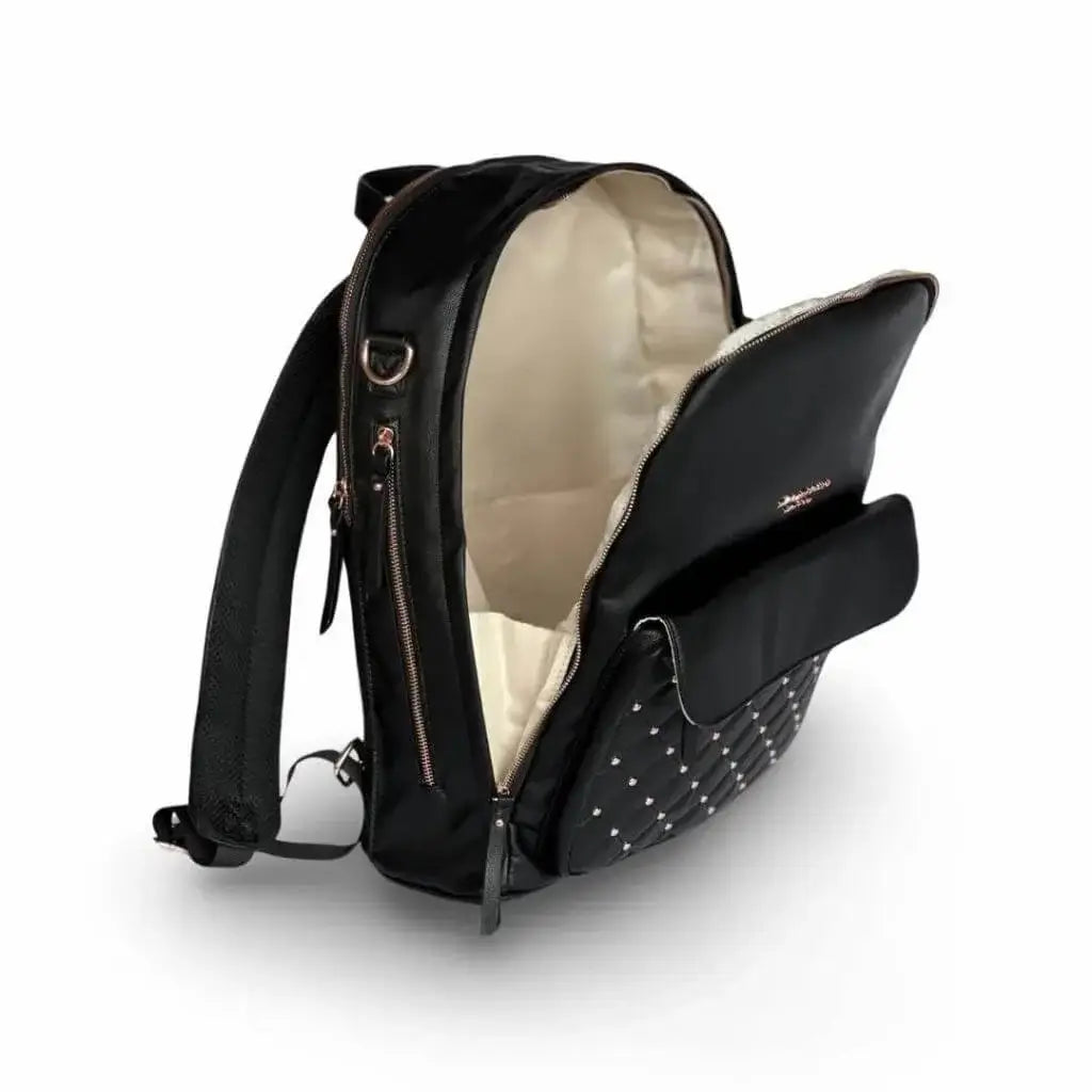 Angled view of black leather backpack diaper bag with unzipped main compartment