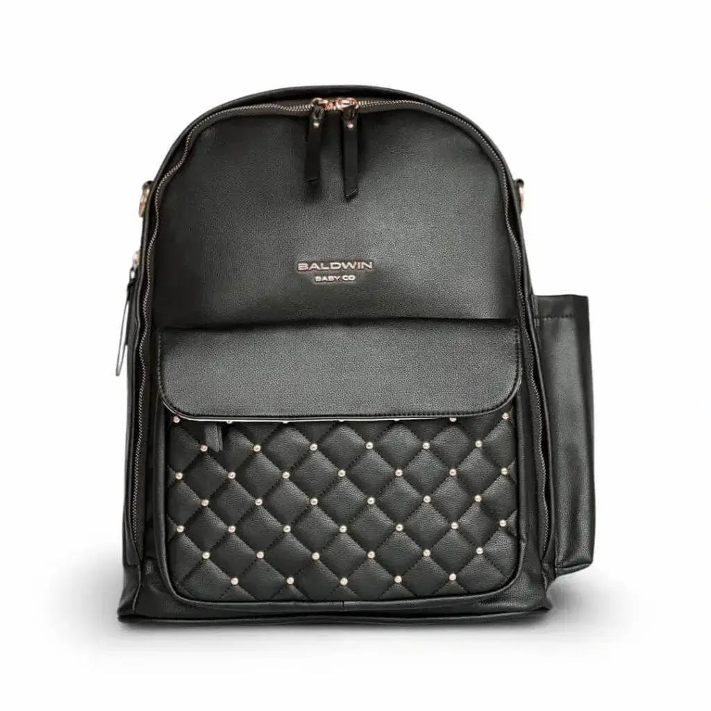 Black leather backpack diaper bag with rose gold studs quilted on front pocket 