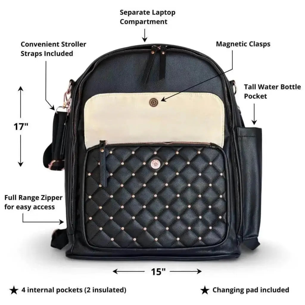 dimensions and details displayed on black leather backpack diaper bag with rose gold studs quilted on front pocket 