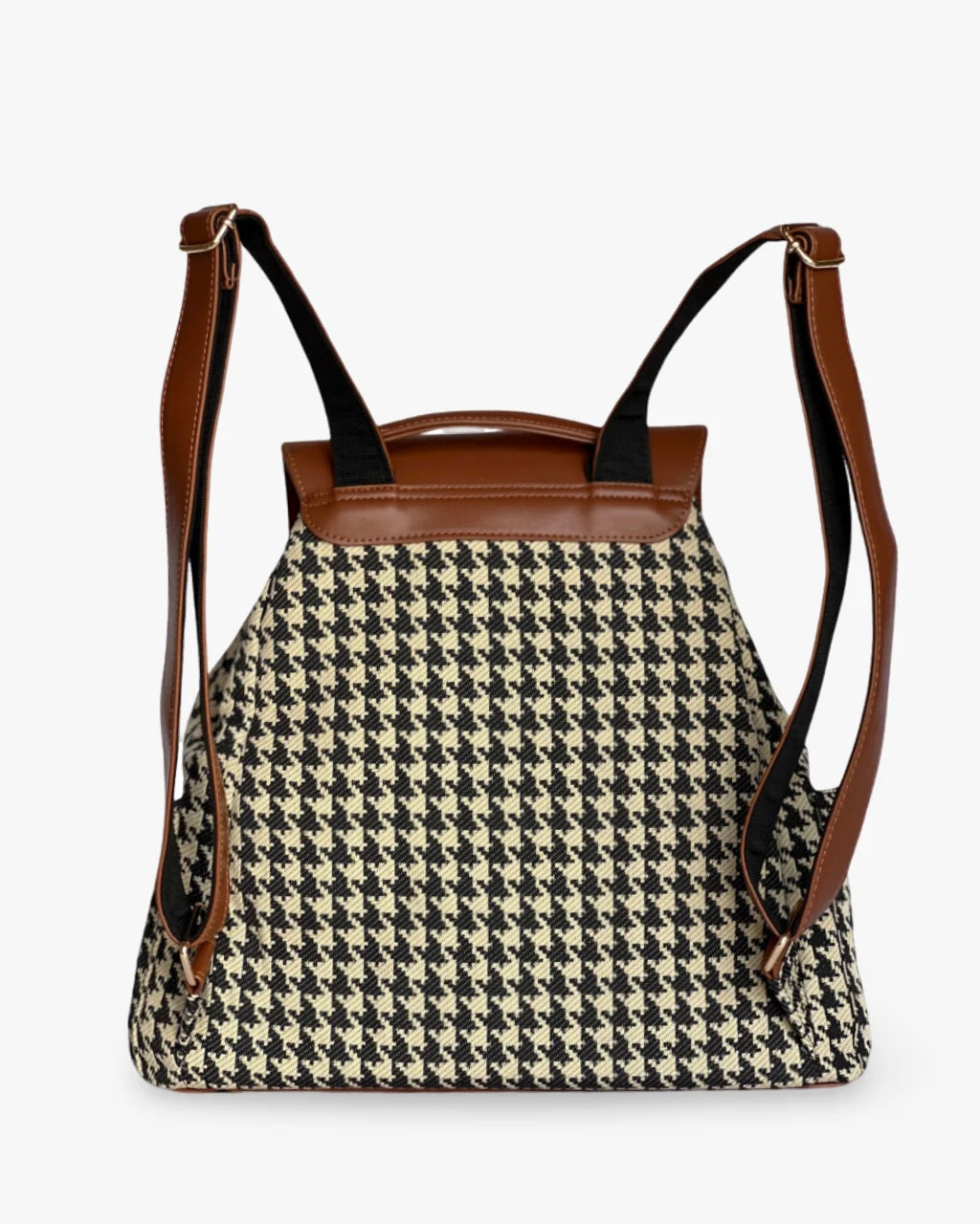 Back view of the houndstooth diaper bag backpack, highlighting the adjustable brown straps and sturdy construction.