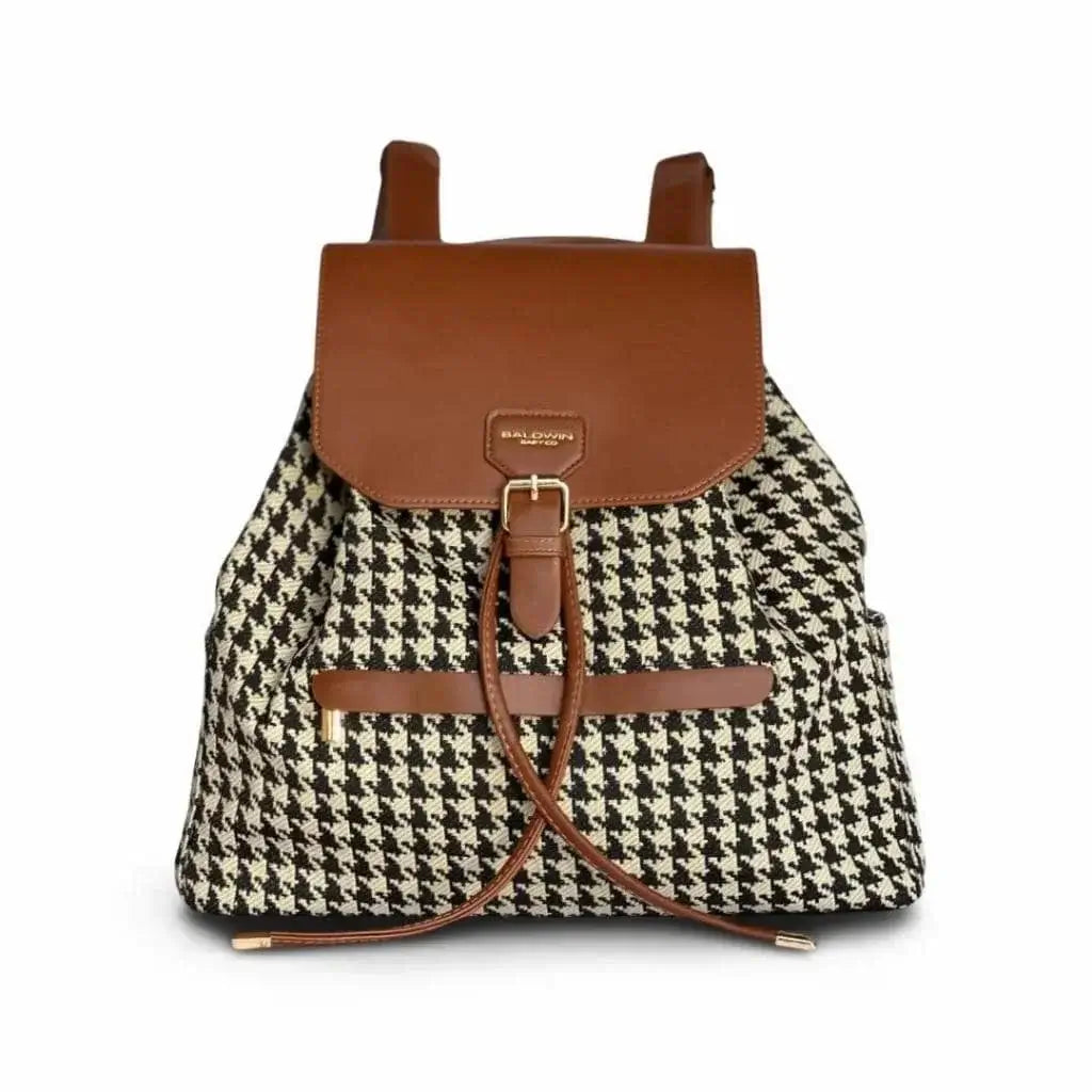 Houndstooth diaper bag drawstring backpack with leather details