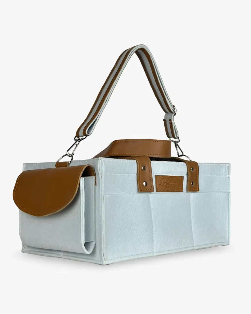 white with a hint of blue diaper caddy made of felt with leather accents and straps