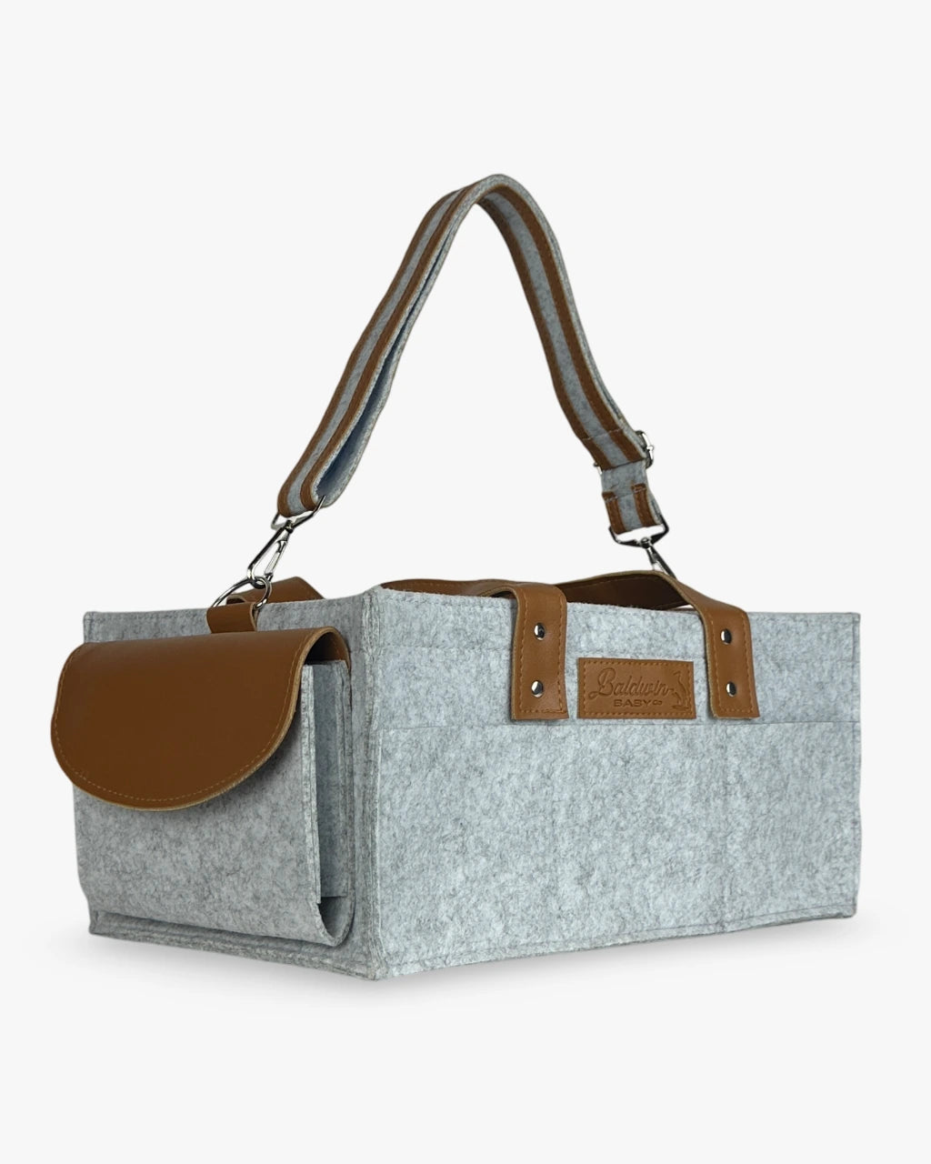 heather gray diaper caddy made of felt with leather accents and straps