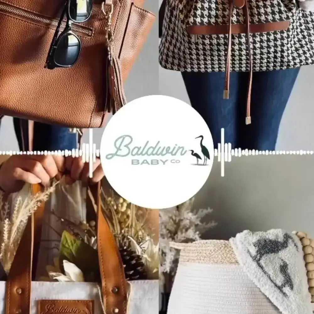 collection of leather diaper bag, houndstooth bag, felt diaper caddy, and beachcomber rope basket with Baldwin Baby Company's logo in the center