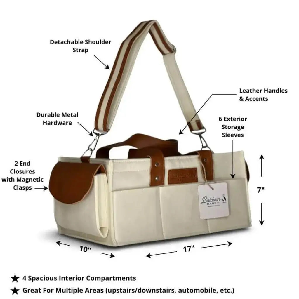 dimensions displayed of creamy white diaper caddy made of felt with leather accents and straps
