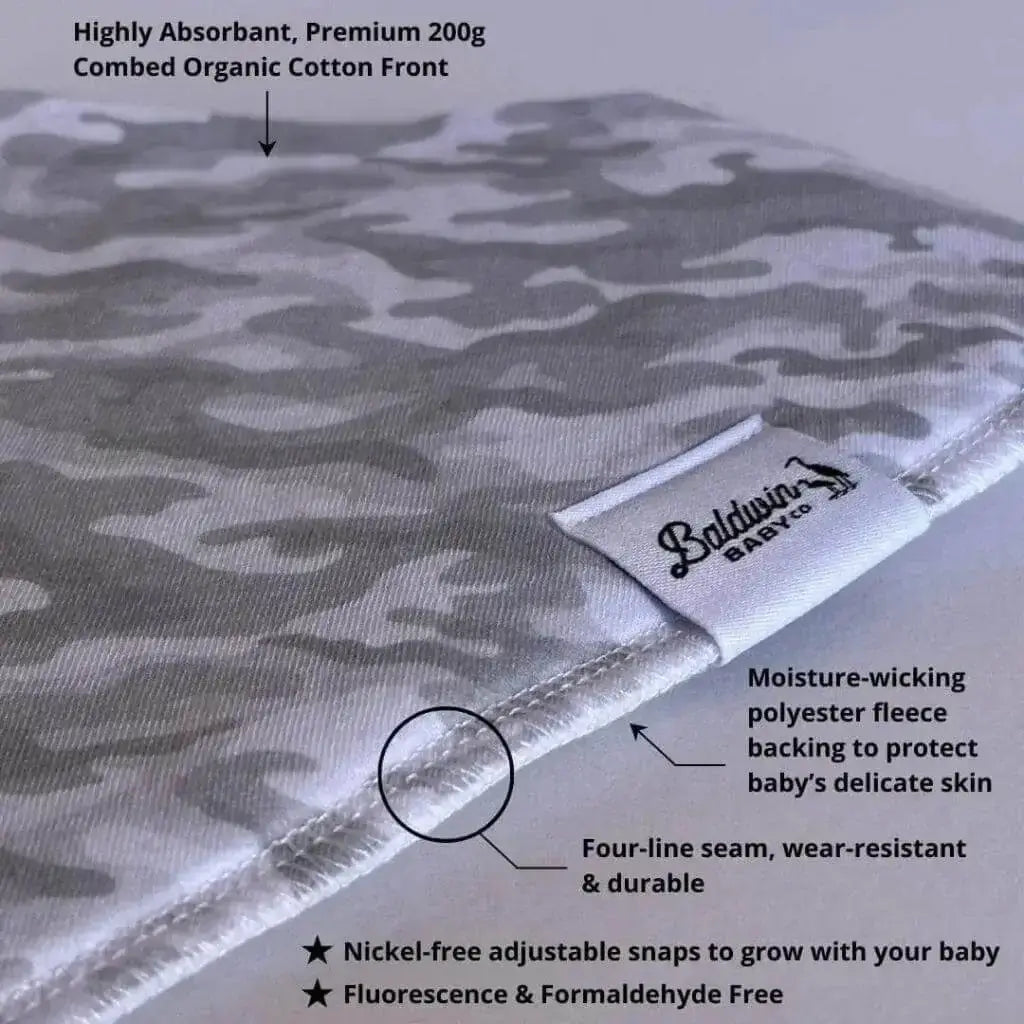 Close up of gray and white camo pattern bandana bib with a white Baldwin Baby Company logo tag