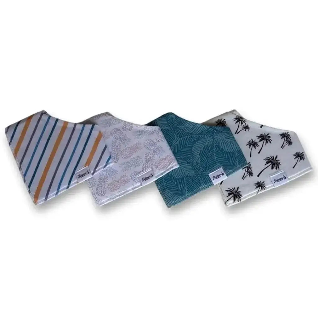Set of four bandana bibs on a white background. White, blue, gray, and orange stripes; white with blue, pink, and green pineapples; green monstera; and creamy white black palm tree patterns