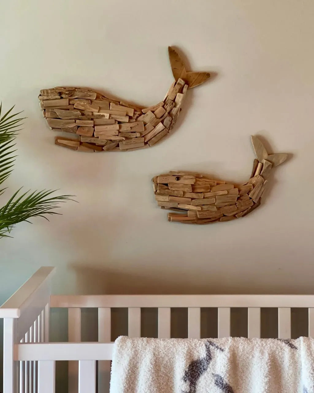 Set of two wooden whales wall decor